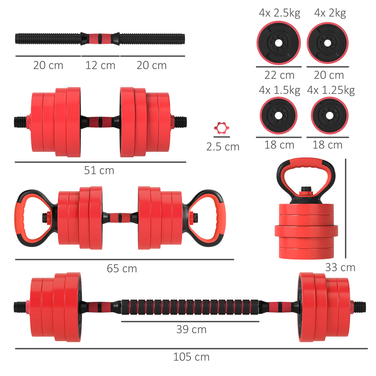 SPORTNOW 30kg 4-in-1 Adjustable Dumbbell Set with Barbell, Kettlebell & Push Up Stands – Home Gym Weights, Red