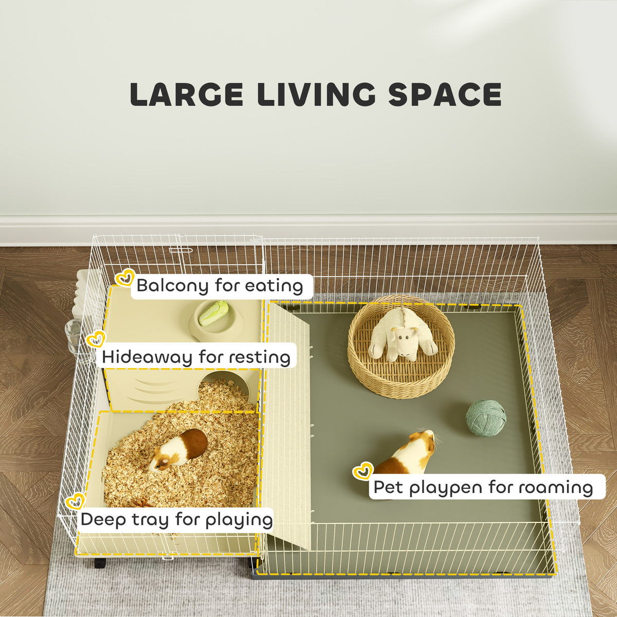 PawHut Guinea Pig Cage with Removable Playpen, Hay Feeder & Water Bottle – Small Animal Cage, Beige