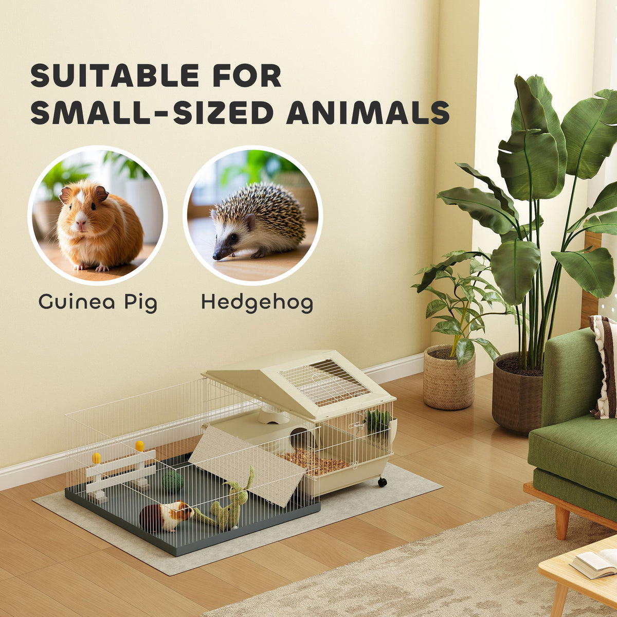 PawHut Guinea Pig Cage with Removable Playpen, Hay Feeder & Water Bottle – Small Animal Cage, Beige