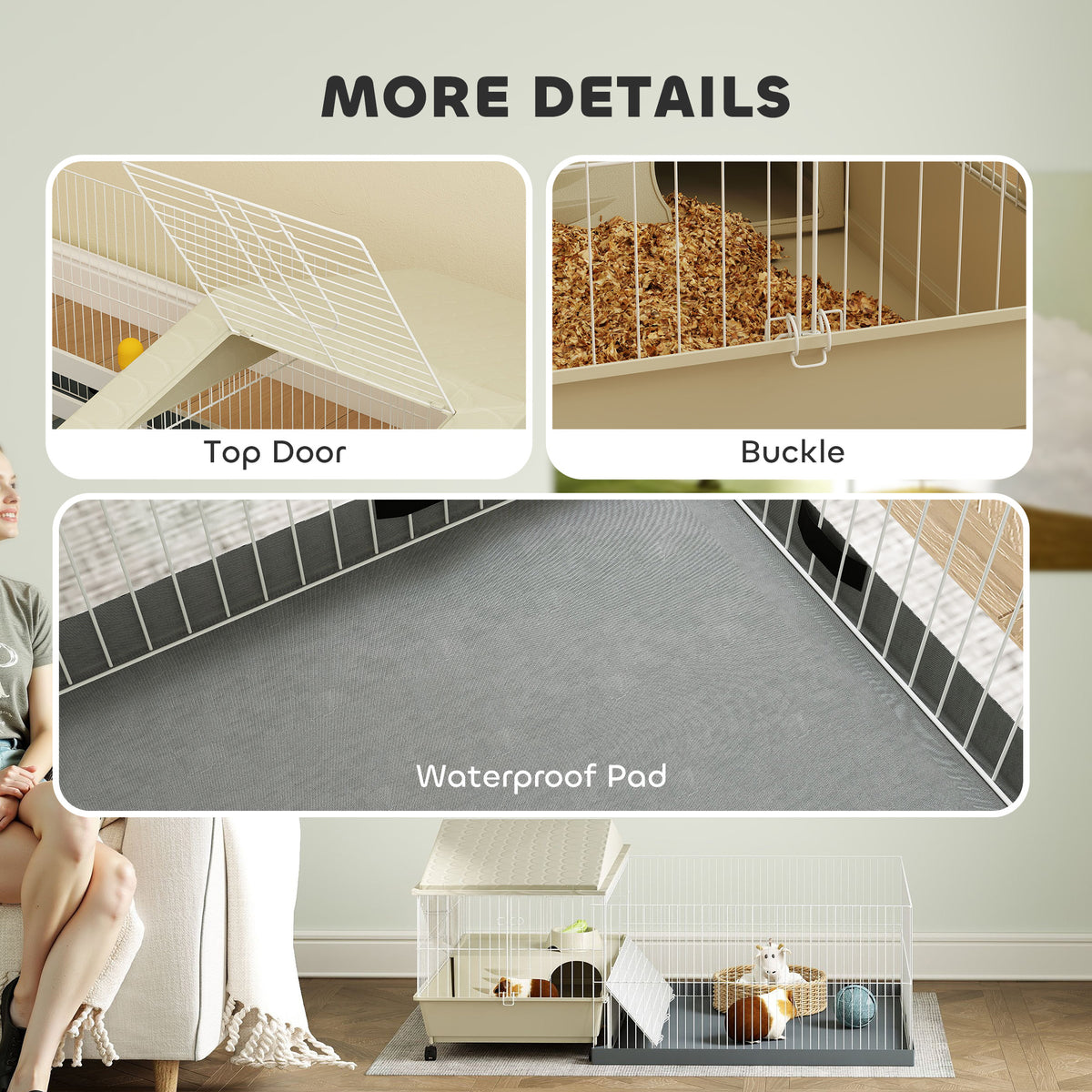 PawHut Guinea Pig Cage with Removable Playpen, Hay Feeder & Water Bottle – Small Animal Cage, Beige