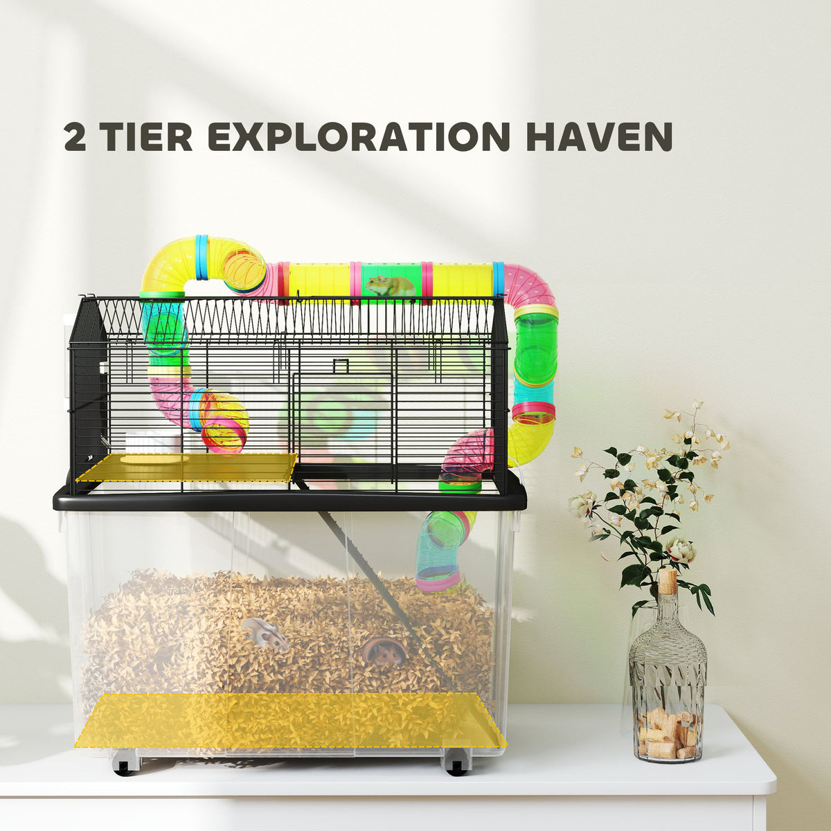 PawHut Hamster Cage with Deep Tray, Tube System, Perches & Ramps – Two-Tier Cage for Dwarf Hamsters