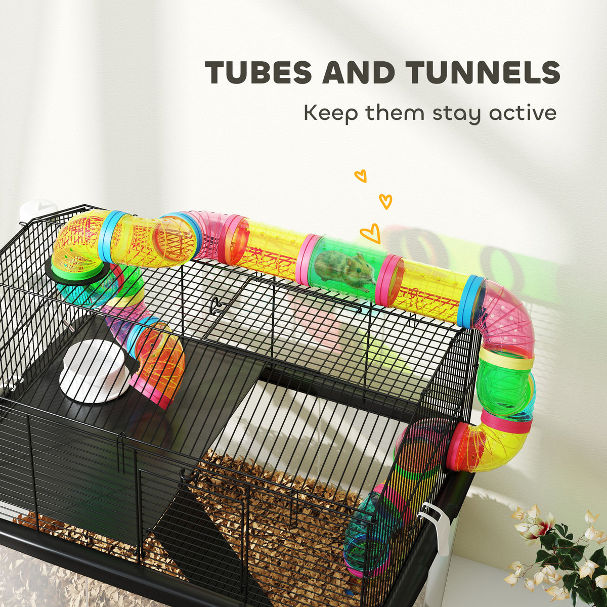 PawHut Hamster Cage with Deep Tray, Tube System, Perches & Ramps – Two-Tier Cage for Dwarf Hamsters