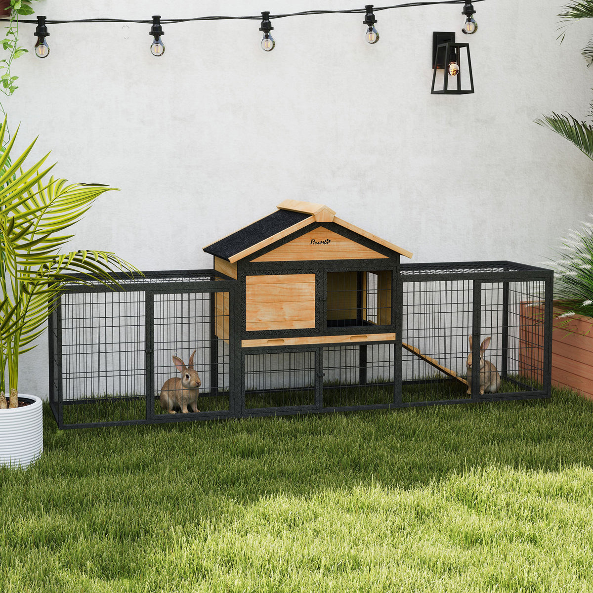 PawHut Outdoor Rabbit Hutch with Steel Run, Asphalt Roof & Removable Tray – Fir Wood, 2–3 Animals