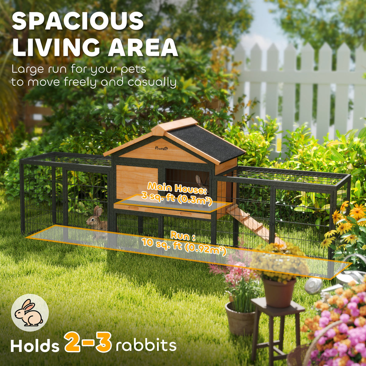 PawHut Outdoor Rabbit Hutch with Steel Run, Asphalt Roof & Removable Tray – Fir Wood, 2–3 Animals