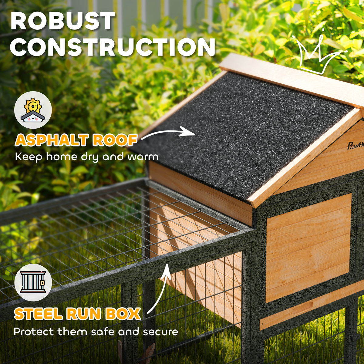 PawHut Outdoor Rabbit Hutch with Steel Run, Asphalt Roof & Removable Tray – Fir Wood, 2–3 Animals