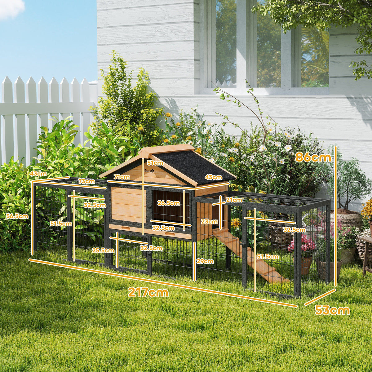PawHut Outdoor Rabbit Hutch with Steel Run, Asphalt Roof & Removable Tray – Fir Wood, 2–3 Animals
