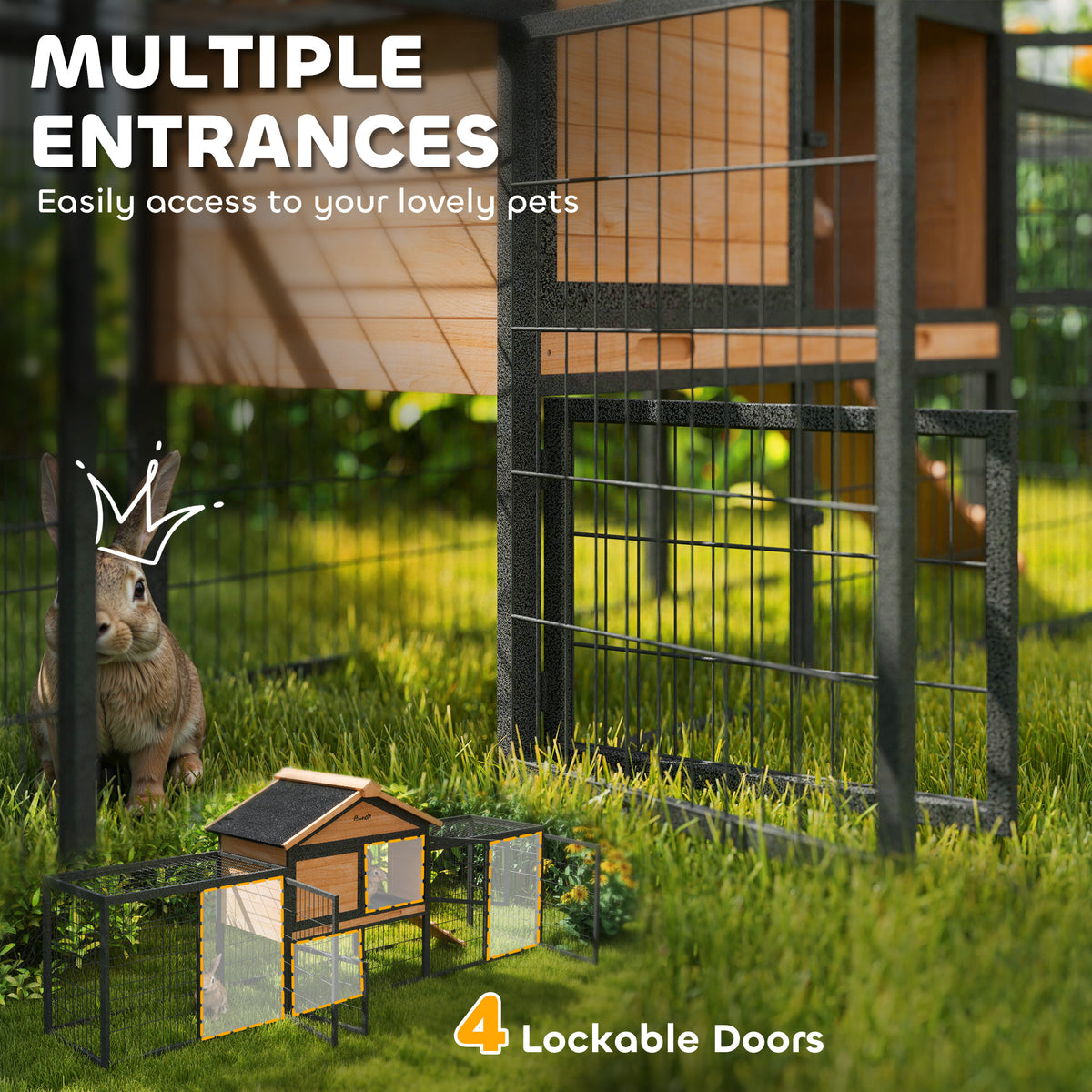 PawHut Outdoor Rabbit Hutch with Steel Run, Asphalt Roof & Removable Tray – Fir Wood, 2–3 Animals