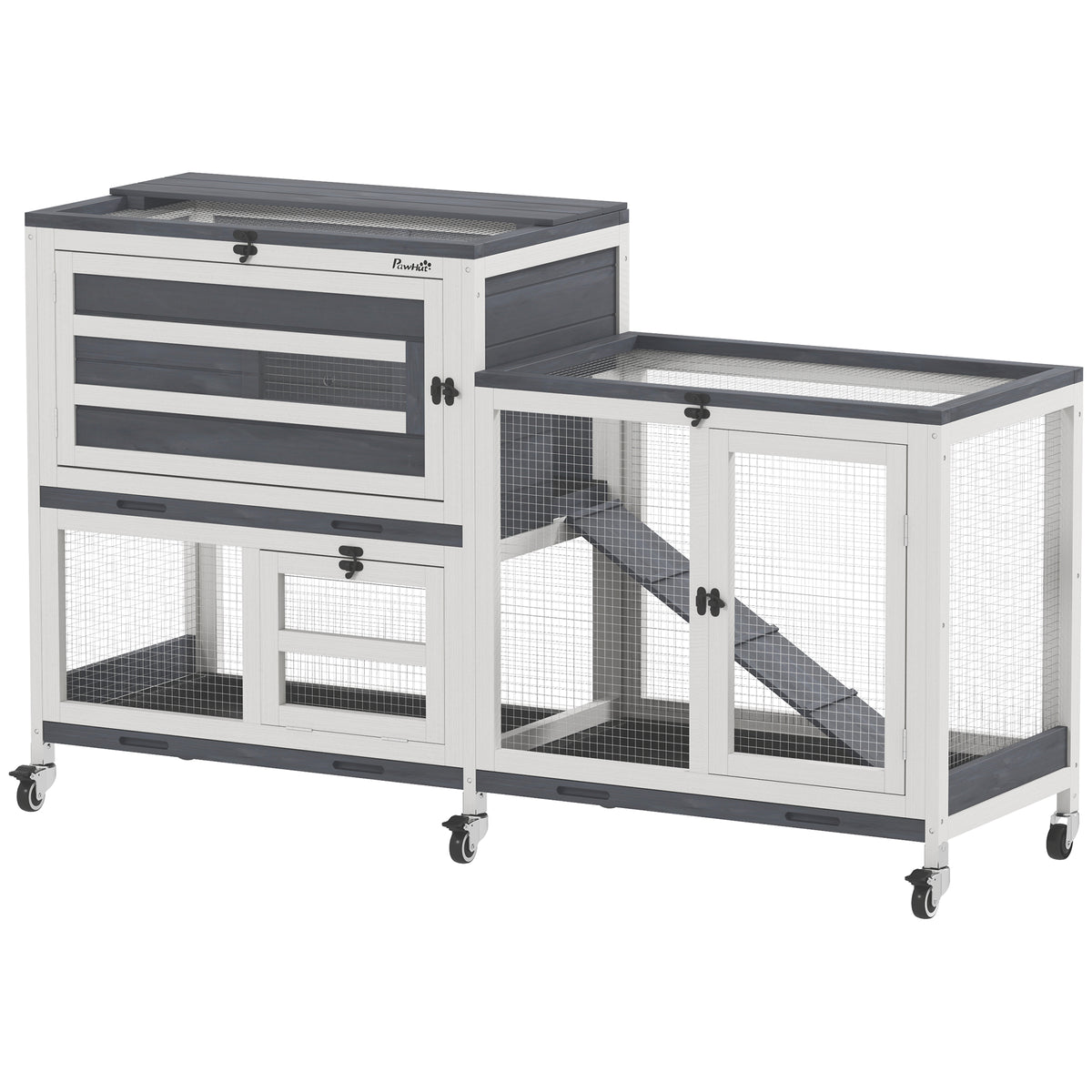 PawHut 2 Tier Rabbit Hutch with Run, Wheels, Openable Tops and 3 Plastic Trays – Small Animal House, Grey