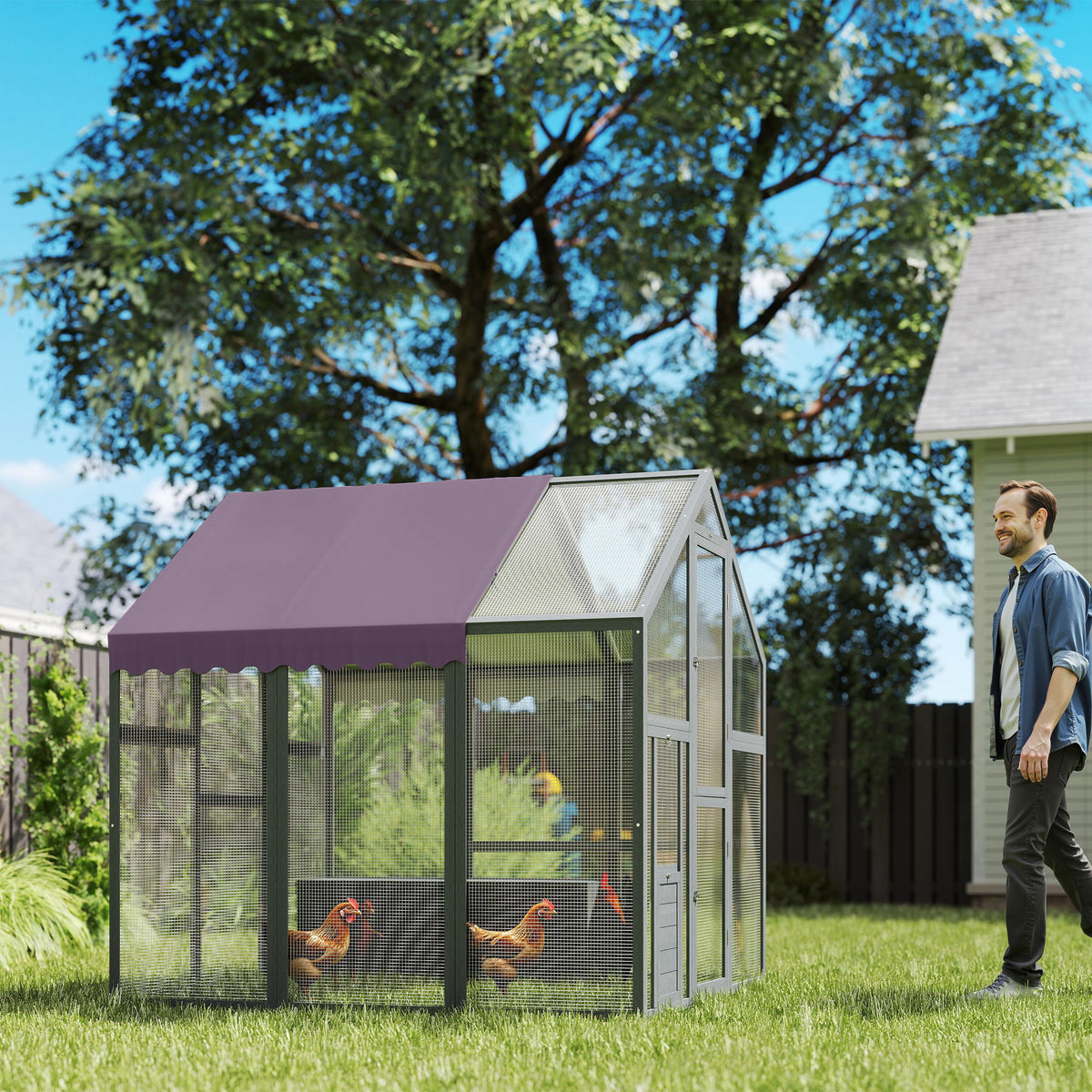 PawHut Large Walk In Chicken Run for 6-8 Poultry with Waterproof UV-Resistant Cover – Fir Wood Hen Enclosure, 1.7 x 1.8 x 1.8m