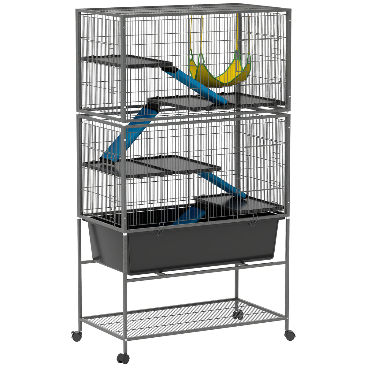 PawHut 5-Tier Rolling Small Animal Cage with Non-Slip Cloth-Covered Ramps, Storage Shelf & Wheels, Dark Grey
