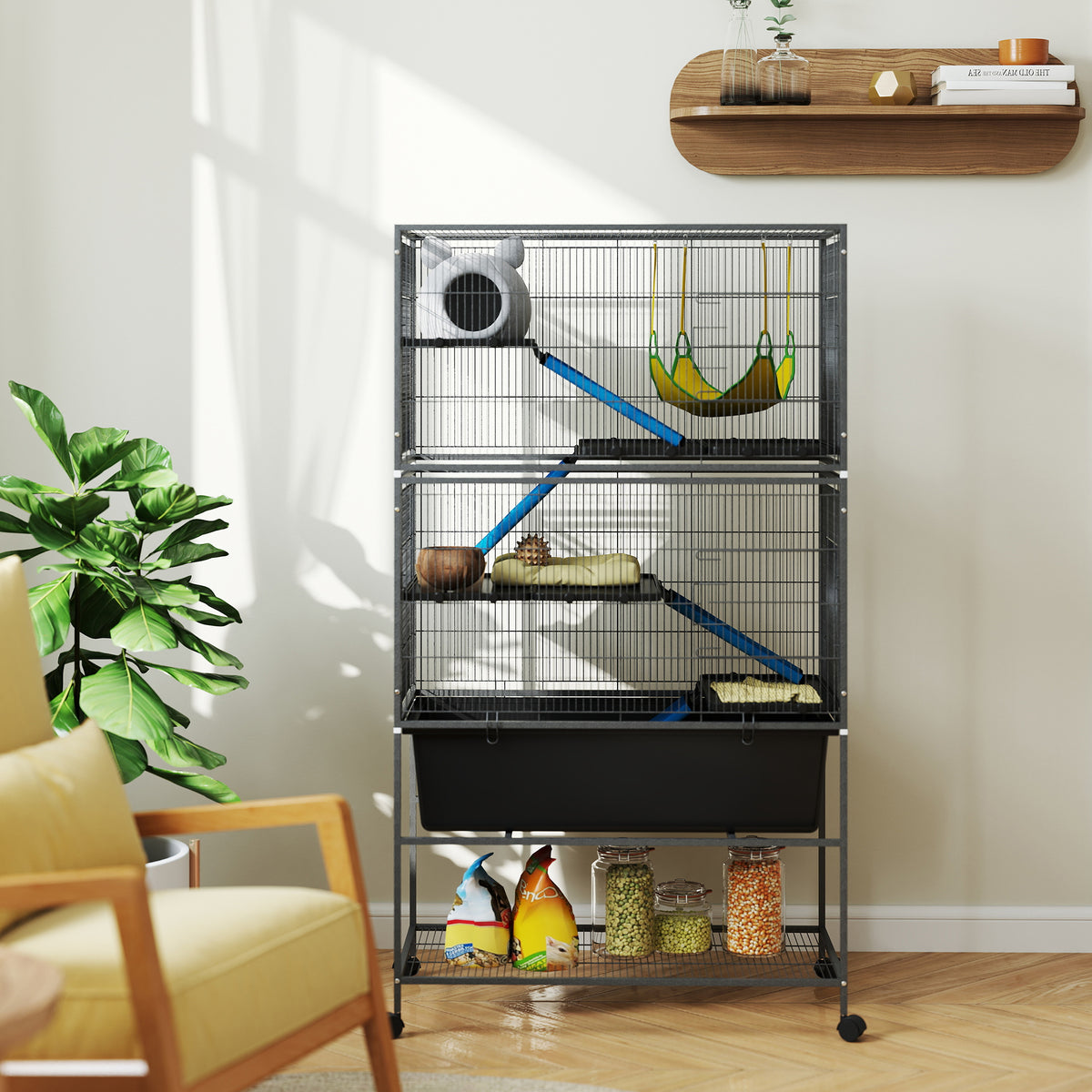 PawHut 5-Tier Rolling Small Animal Cage with Non-Slip Cloth-Covered Ramps, Storage Shelf & Wheels, Dark Grey