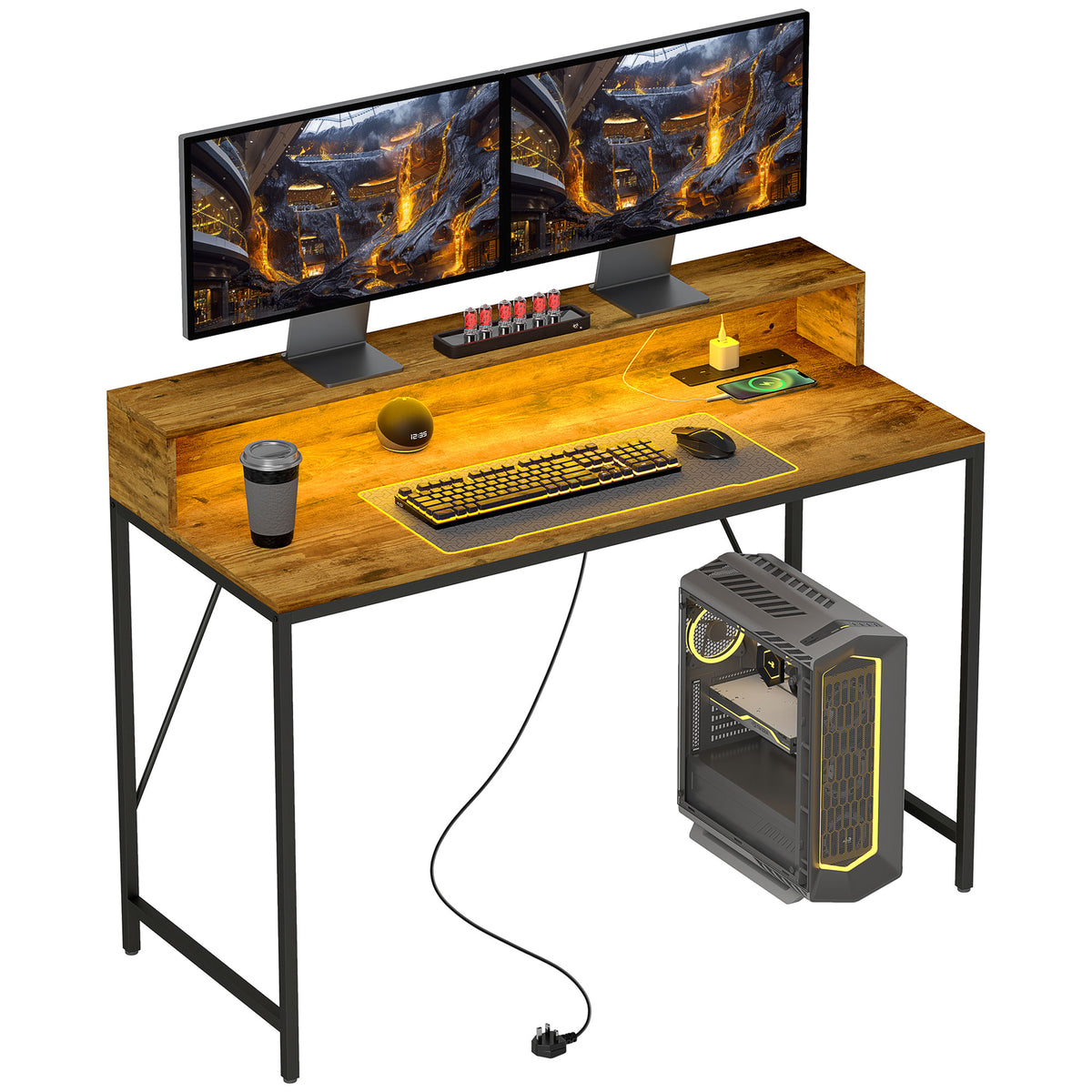 HOMCOM Computer Desk with LED Lights, Power Strip and Monitor Shelf – Remote Control Study Table, Brown