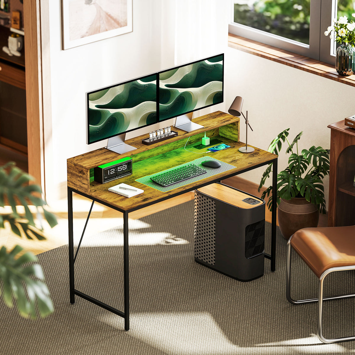 HOMCOM Computer Desk with LED Lights, Power Strip and Monitor Shelf – Remote Control Study Table, Brown