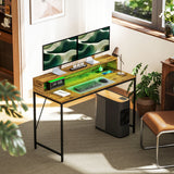 HOMCOM Computer Desk with LED Lights, Power Strip and Monitor Shelf – Remote Control Study Table, Brown