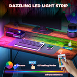HOMCOM Computer Desk with LED Lights, Power Strip and Monitor Shelf – Remote Control Study Table, Brown