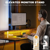 HOMCOM Computer Desk with LED Lights, Power Strip and Monitor Shelf – Remote Control Study Table, Brown