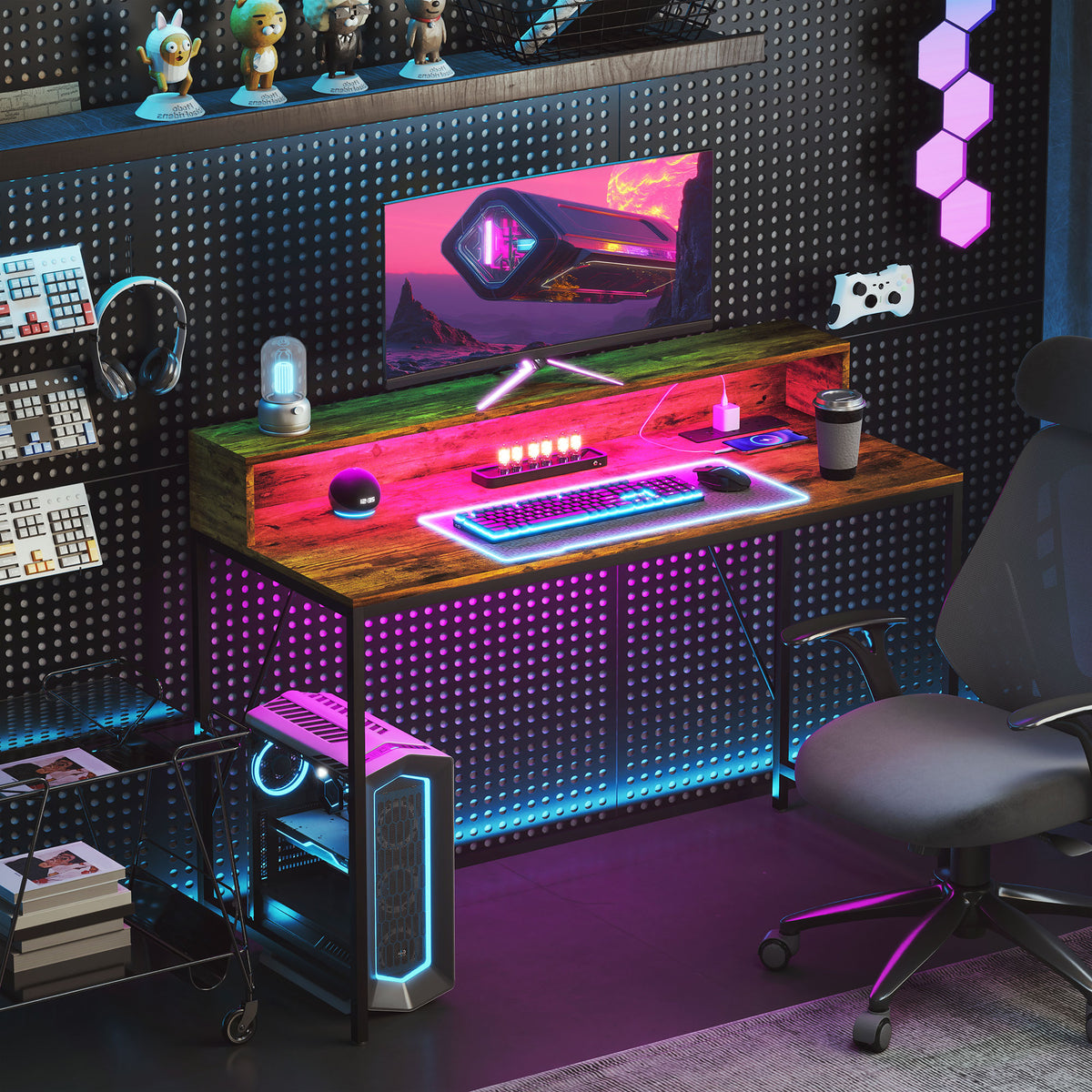 HOMCOM Computer Desk with LED Lights, Power Strip and Monitor Shelf – Remote Control Study Table, Brown