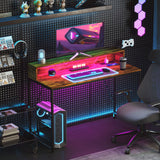 HOMCOM Computer Desk with LED Lights, Power Strip and Monitor Shelf – Remote Control Study Table, Brown