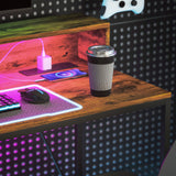 HOMCOM Computer Desk with LED Lights, Power Strip and Monitor Shelf – Remote Control Study Table, Brown