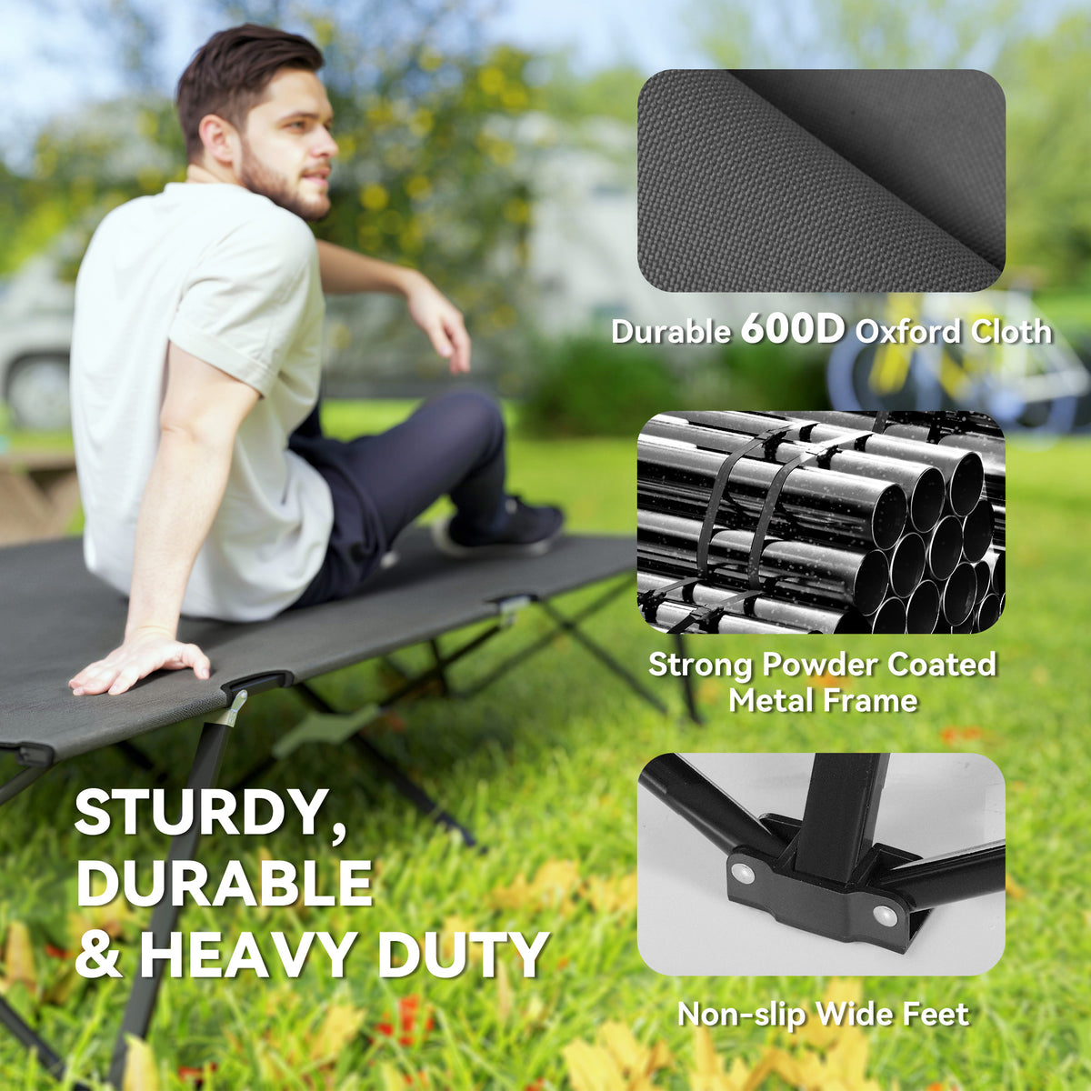 Outsunny Double Folding Camping Cot with Steel Frame & Carry Bag – Portable 2 Person Camp Bed, Charcoal Grey