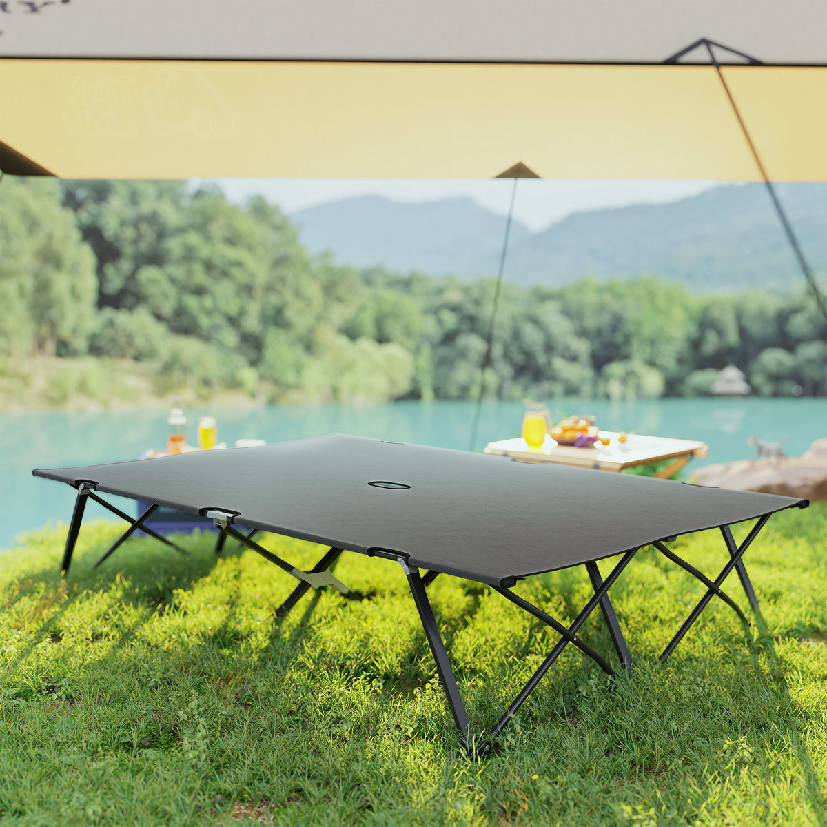 Outsunny Double Folding Camping Cot with Steel Frame & Carry Bag – Portable 2 Person Camp Bed, Charcoal Grey
