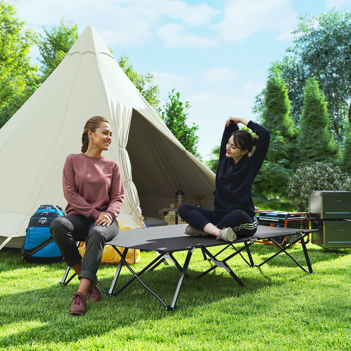 Outsunny Double Folding Camping Cot with Steel Frame & Carry Bag – Portable 2 Person Camp Bed, Charcoal Grey