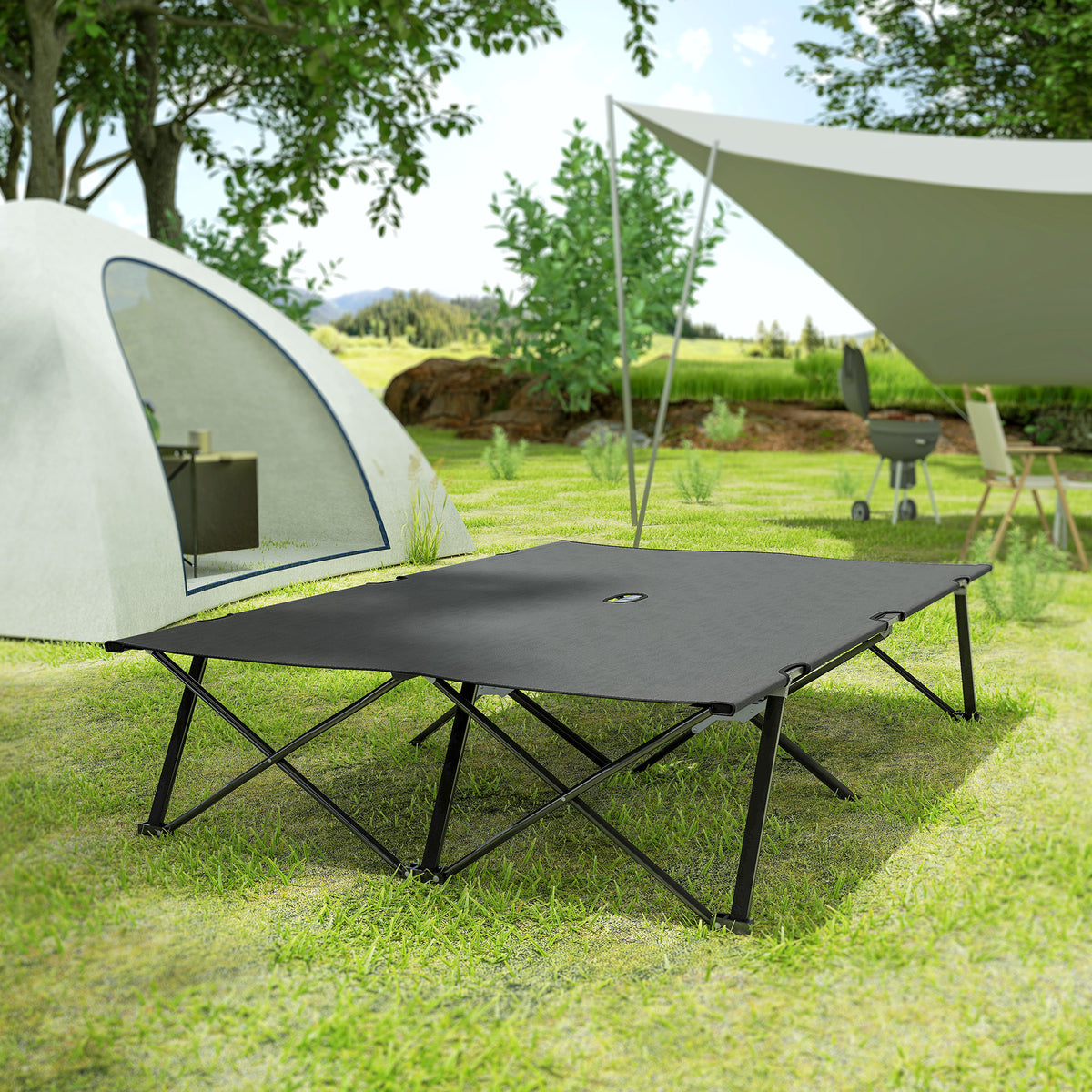 Outsunny Double Folding Camping Cot with Steel Frame & Carry Bag – Portable 2 Person Camp Bed, Charcoal Grey