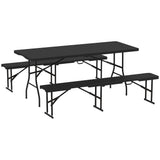 Outsunny Rattan Effect Folding Picnic Table and Bench Set with Handles – 3-Piece Outdoor Dining Set, Black
