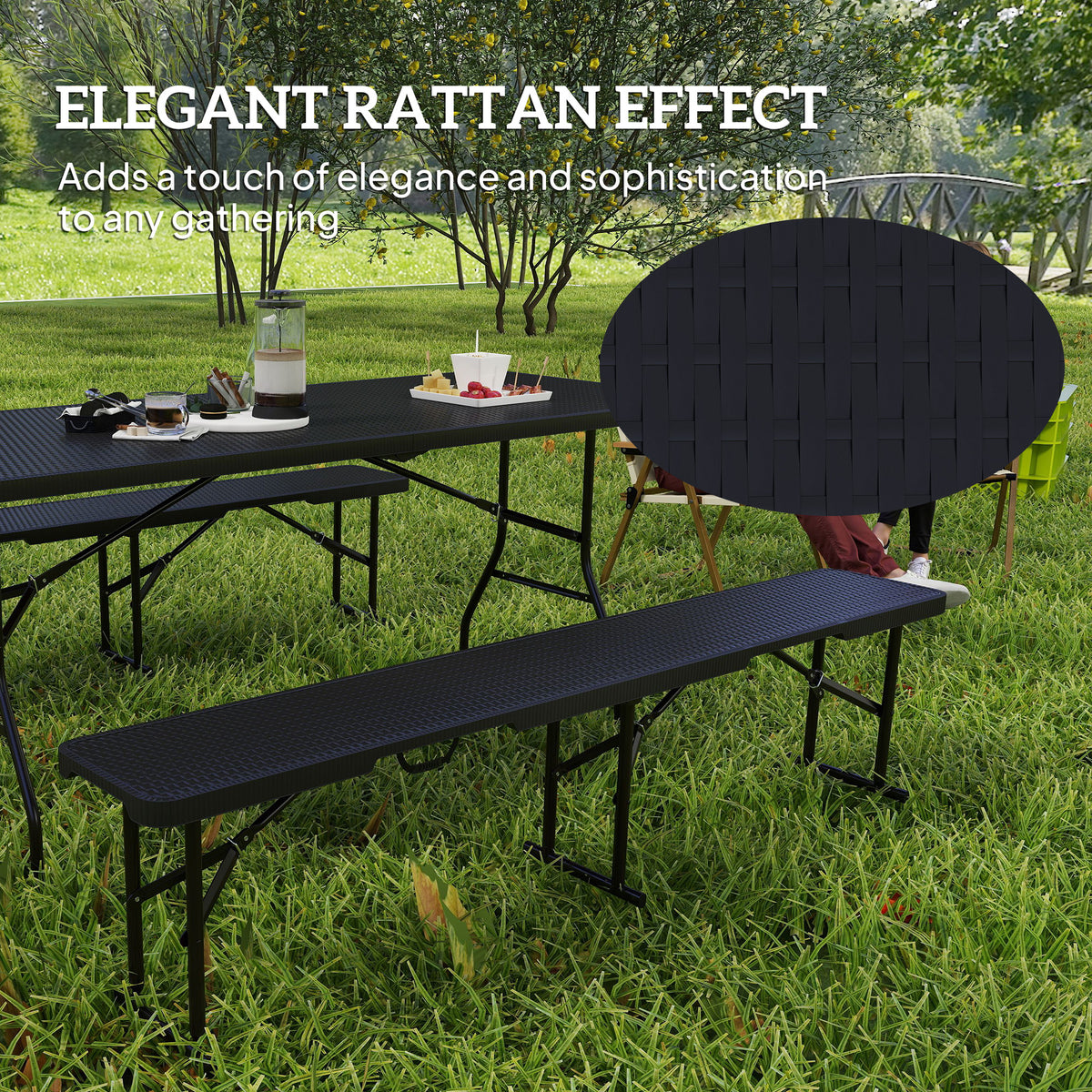 Outsunny Rattan Effect Folding Picnic Table and Bench Set with Handles – 3-Piece Outdoor Dining Set, Black