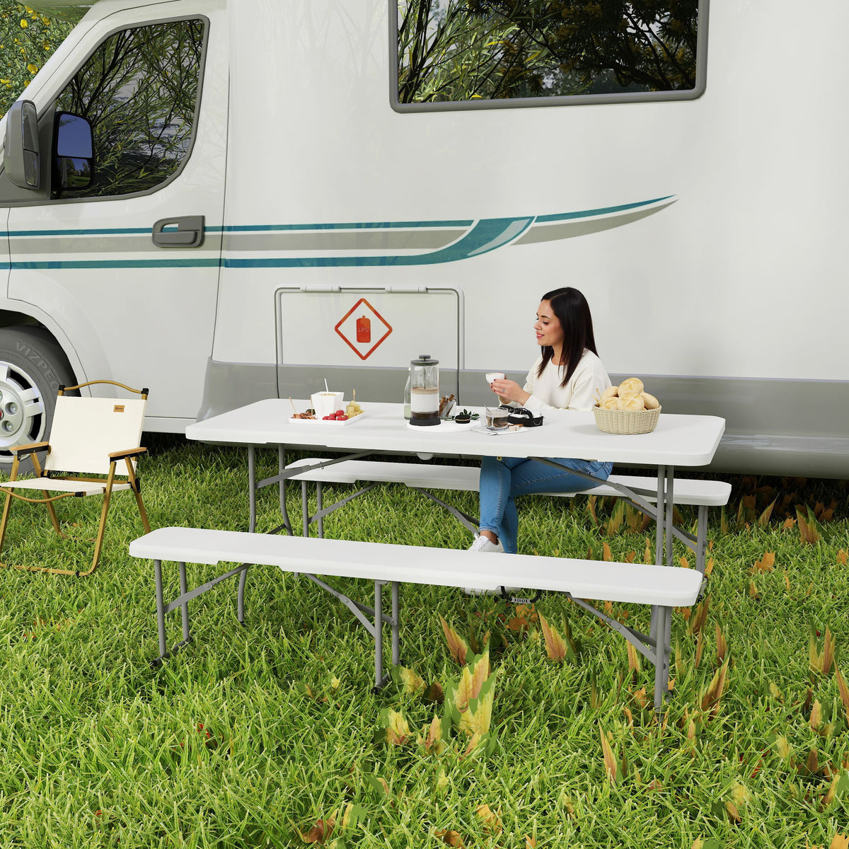 Outsunny 3 Piece Folding Picnic Table and Bench Set with Safety Locks & Carry Handles – Indoor/Outdoor, White
