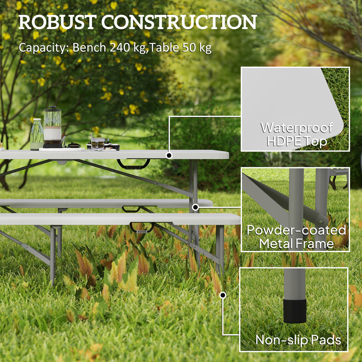 Outsunny 3 Piece Folding Picnic Table and Bench Set with Safety Locks & Carry Handles – Indoor/Outdoor, White