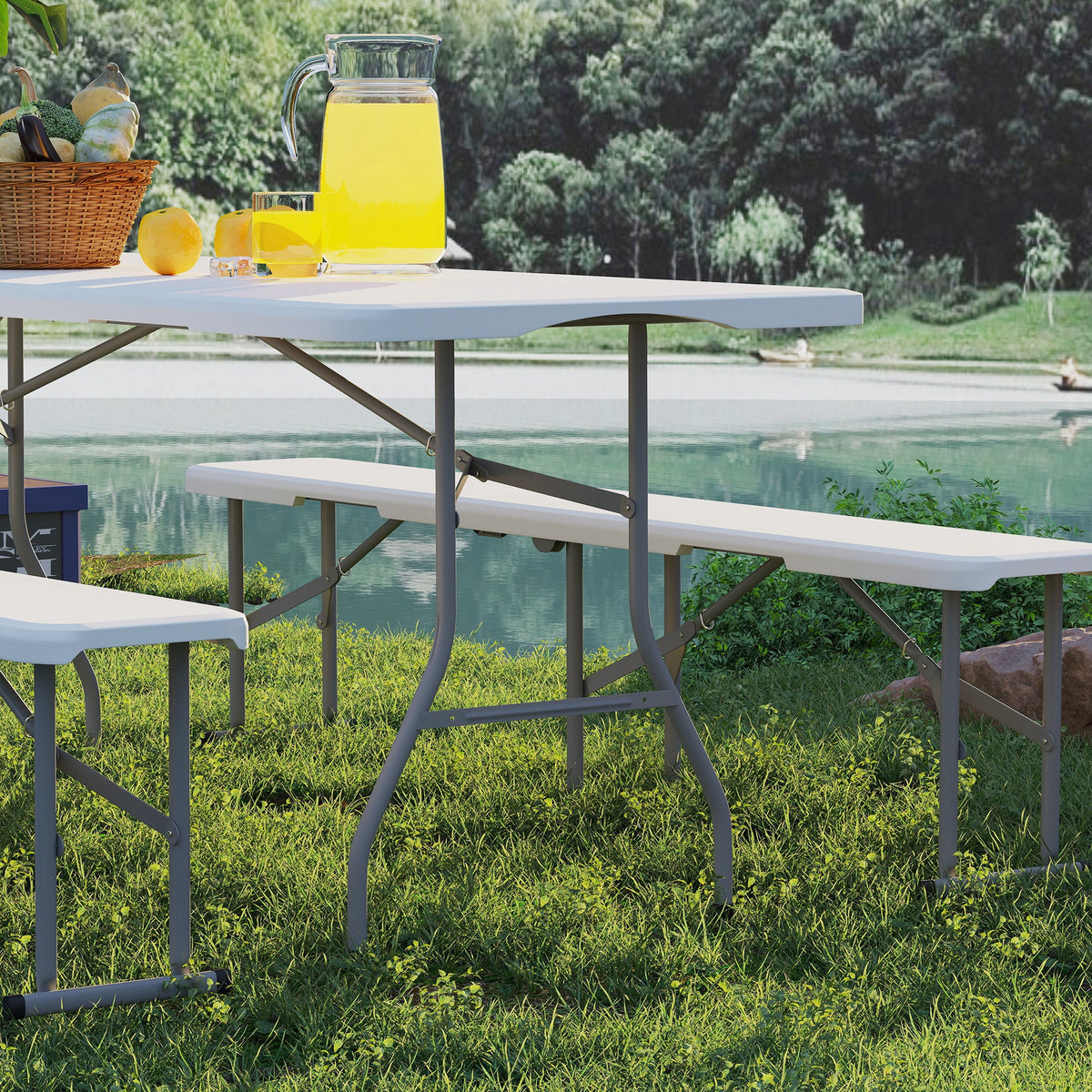 Outsunny 3 Piece Folding Picnic Table and Bench Set with Safety Locks & Carry Handles – Indoor/Outdoor, White