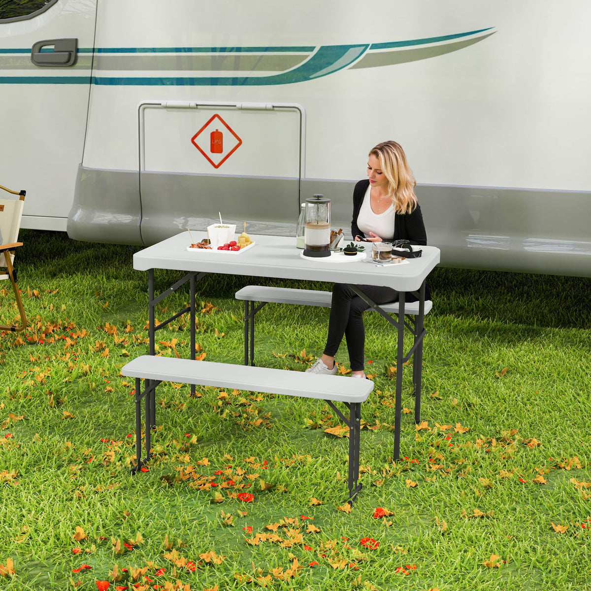 Outsunny 3 Piece Folding Picnic Table and Bench Set with Carry Handle – Portable HDPE Camping Table, Light Grey