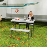 Outsunny 3 Piece Folding Picnic Table and Bench Set with Carry Handle – Portable HDPE Camping Table, Light Grey