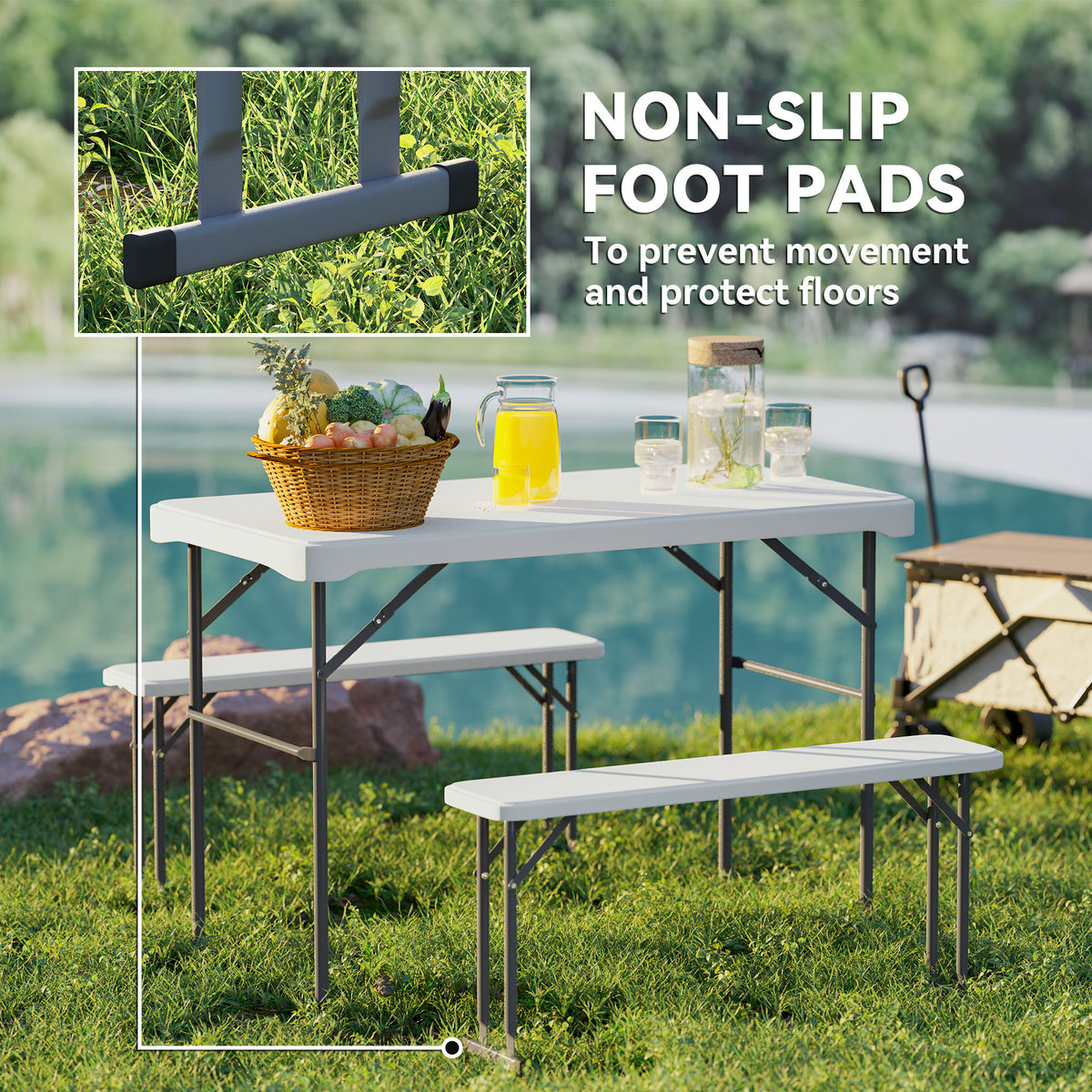Outsunny 3 Piece Folding Picnic Table and Bench Set with Carry Handle – Portable HDPE Camping Table, Light Grey