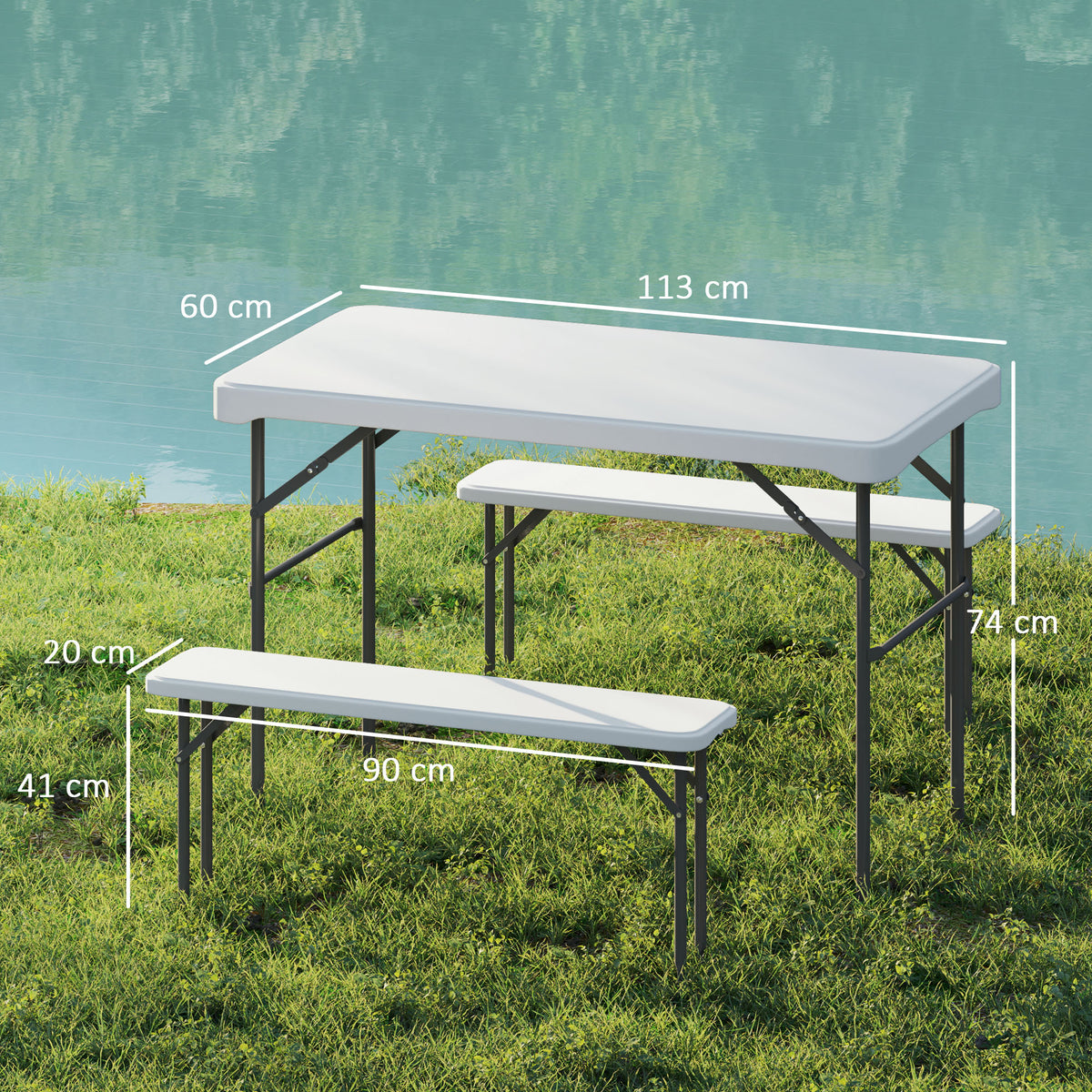 Outsunny 3 Piece Folding Picnic Table and Bench Set with Carry Handle – Portable HDPE Camping Table, Light Grey