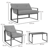 Dimension diagram of the Outsunny armchair, loveseat and coffee table