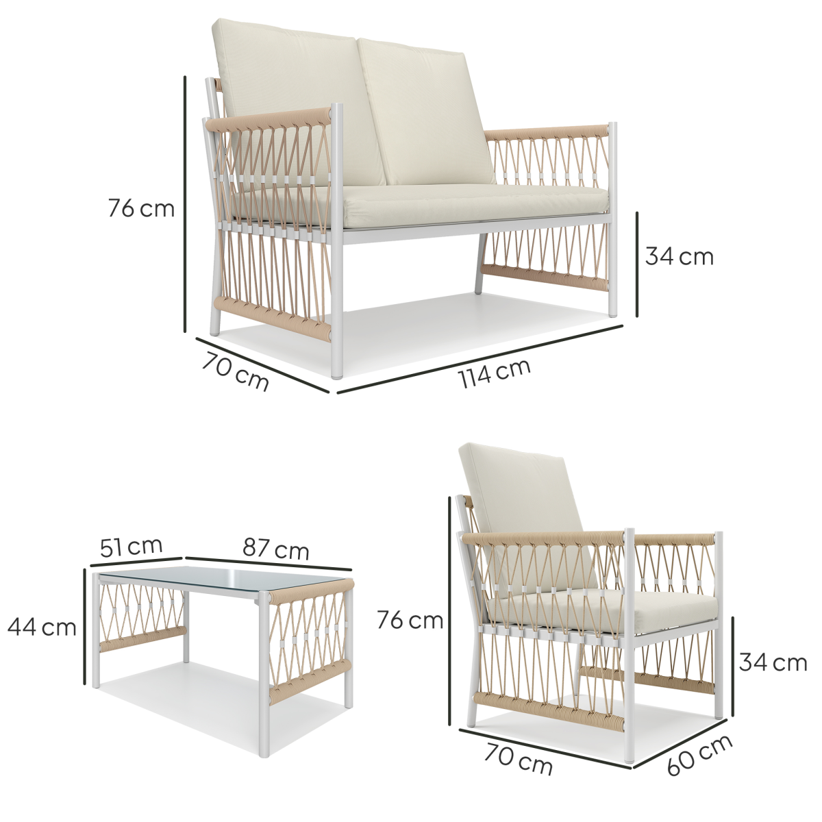 Dimension diagram of the Outsunny rattan armchair, loveseat and coffee table