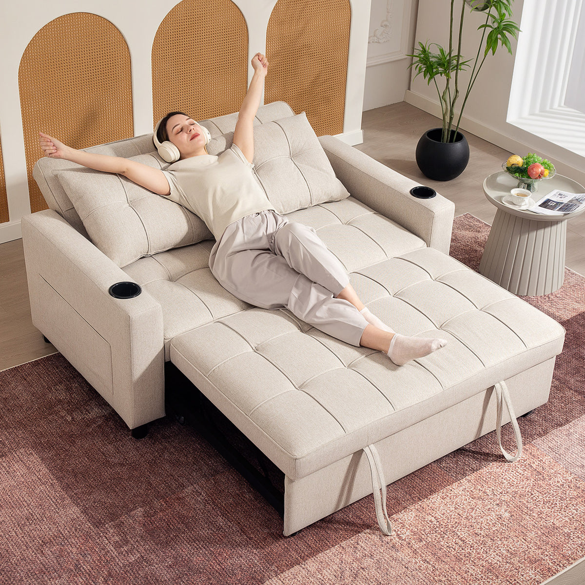 HOMCOM beige sofa bed folded flat as a bed