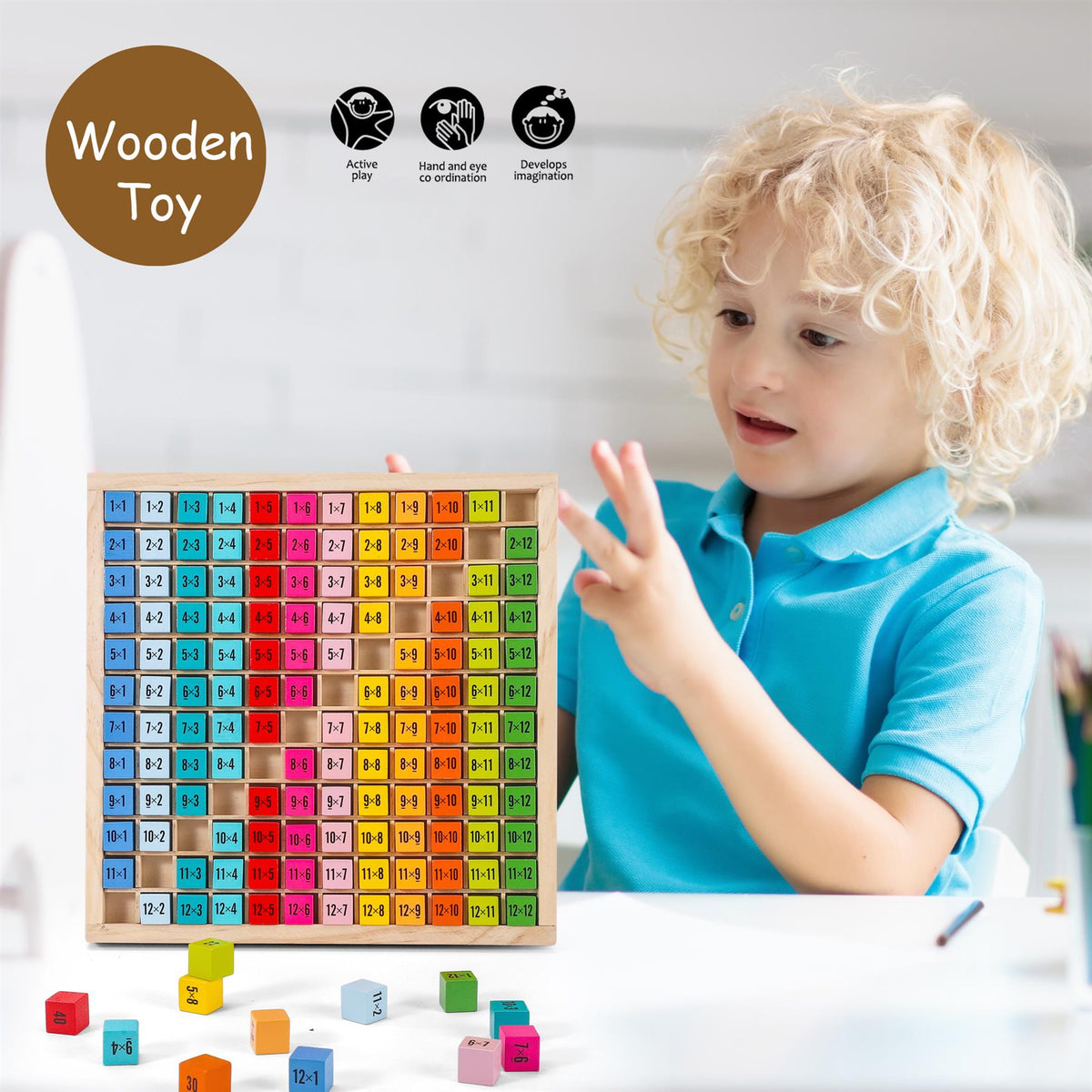 SOKA Wooden Times Table Learning Blocks with Grid Tray, 144 Pieces – Educational Maths Toy for Kids
