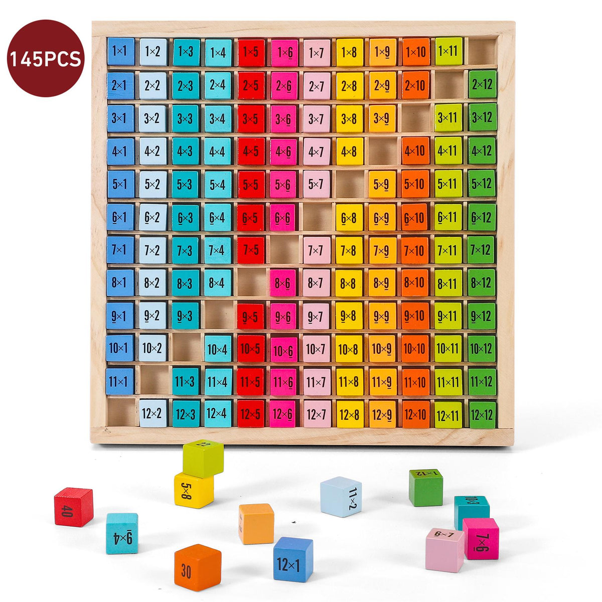 SOKA Wooden Times Table Learning Blocks with Grid Tray, 144 Pieces – Educational Maths Toy for Kids