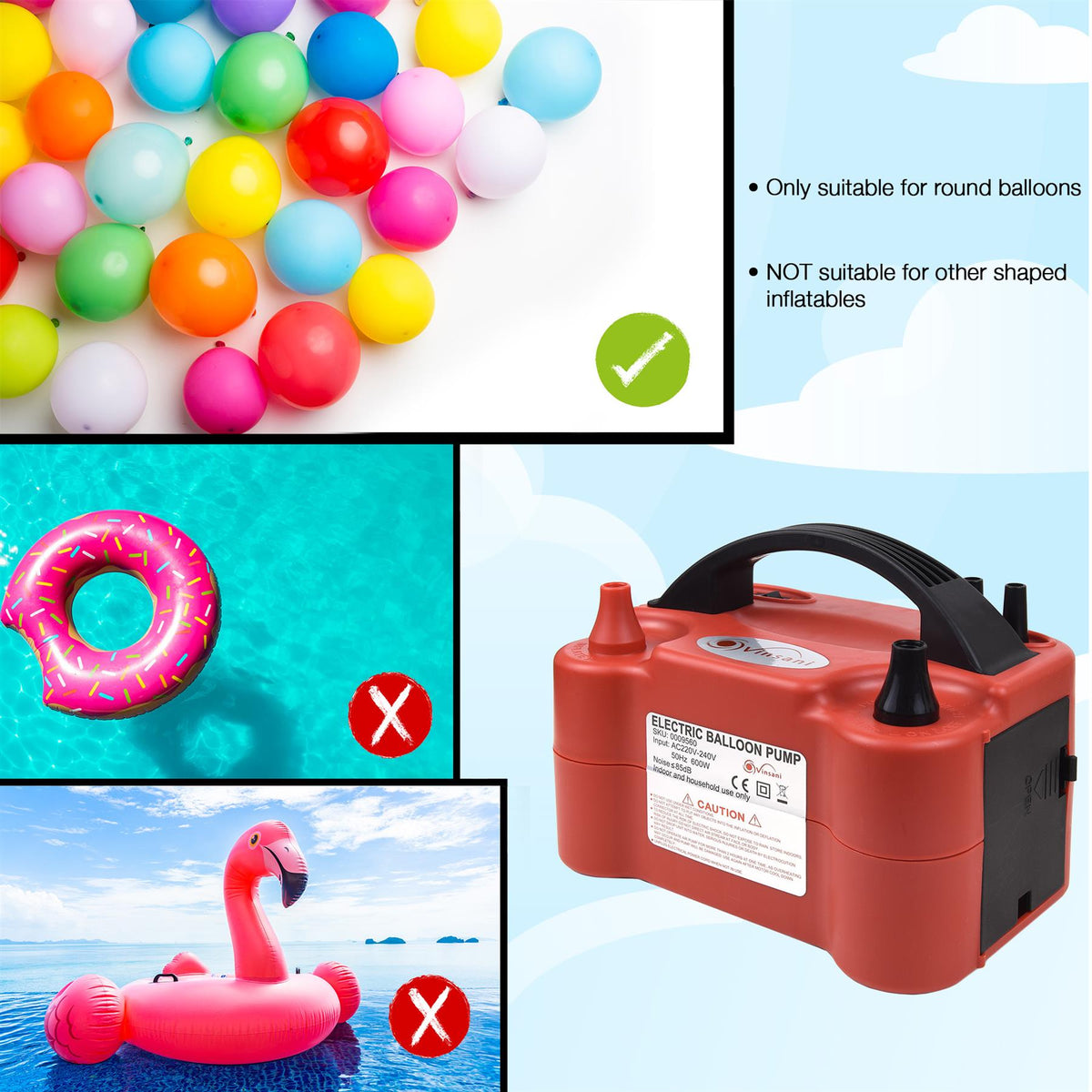 Vinsani 600W Electric Balloon Pump with Dual Nozzle and Manual/Auto Modes – Portable Party Inflator