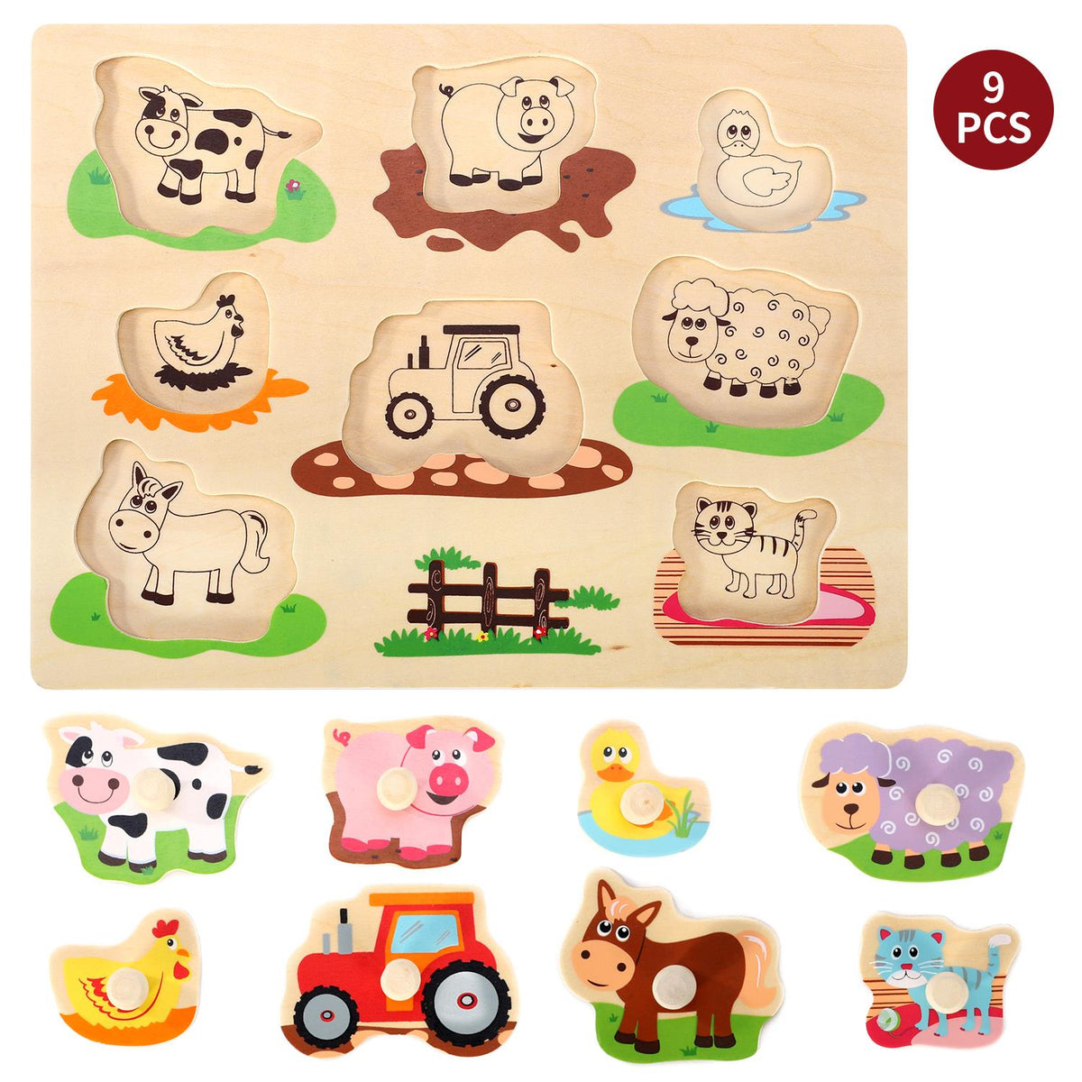 SOKA Farm Animals Peg Puzzle – Wooden Shape Sorting Toy for Young Children