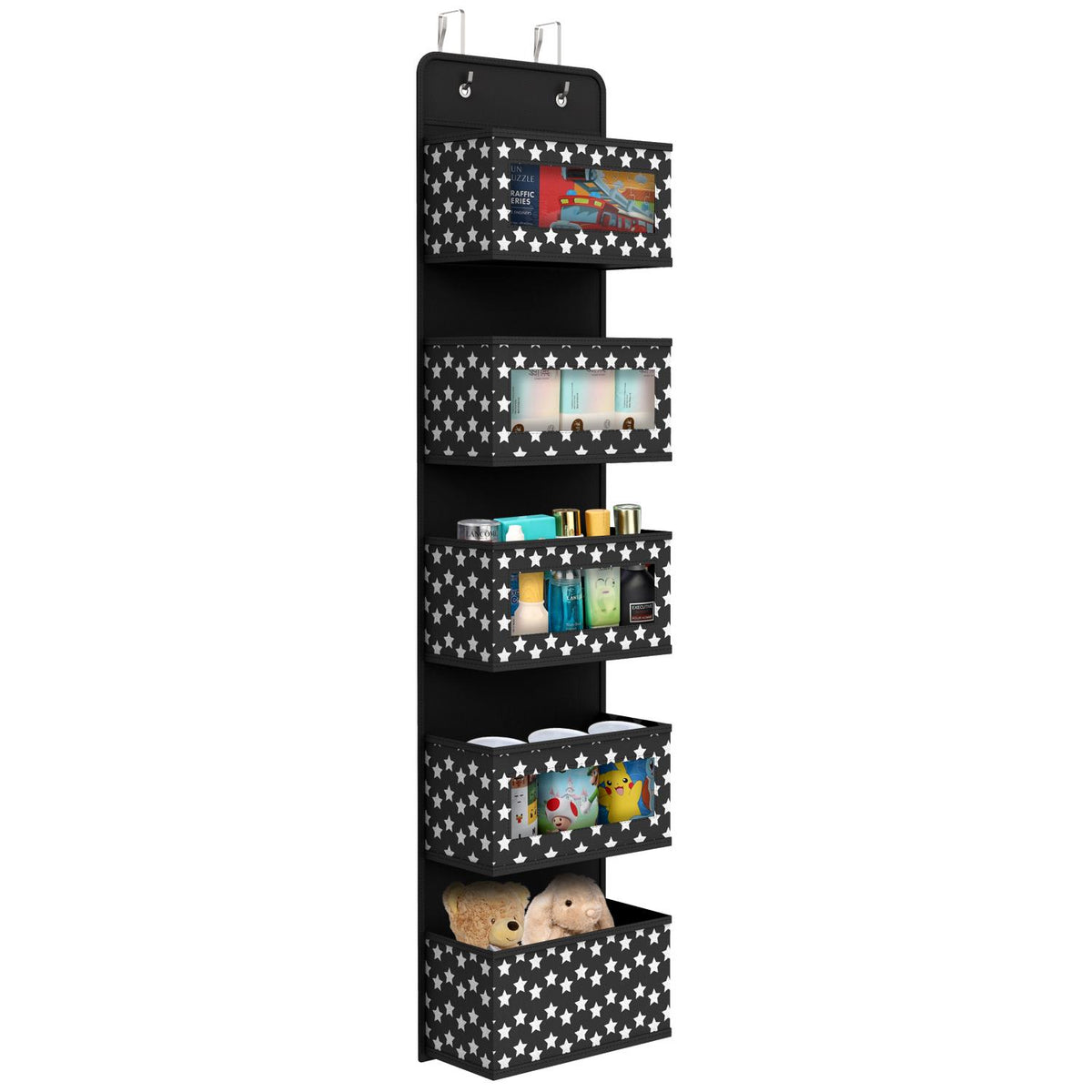 Vinsani 5 Tier Over-the-Door Hanging Organiser with Clear Windows – Space-Saving Wardrobe Storage, Black