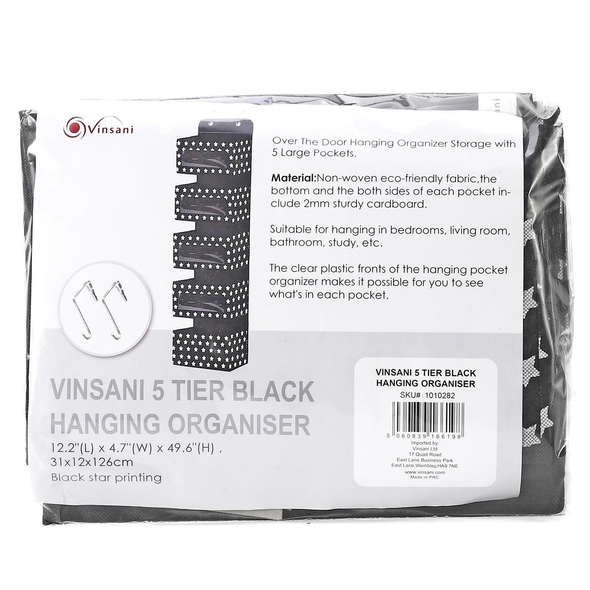 Vinsani 5 Tier Over-the-Door Hanging Organiser with Clear Windows – Space-Saving Wardrobe Storage, Black