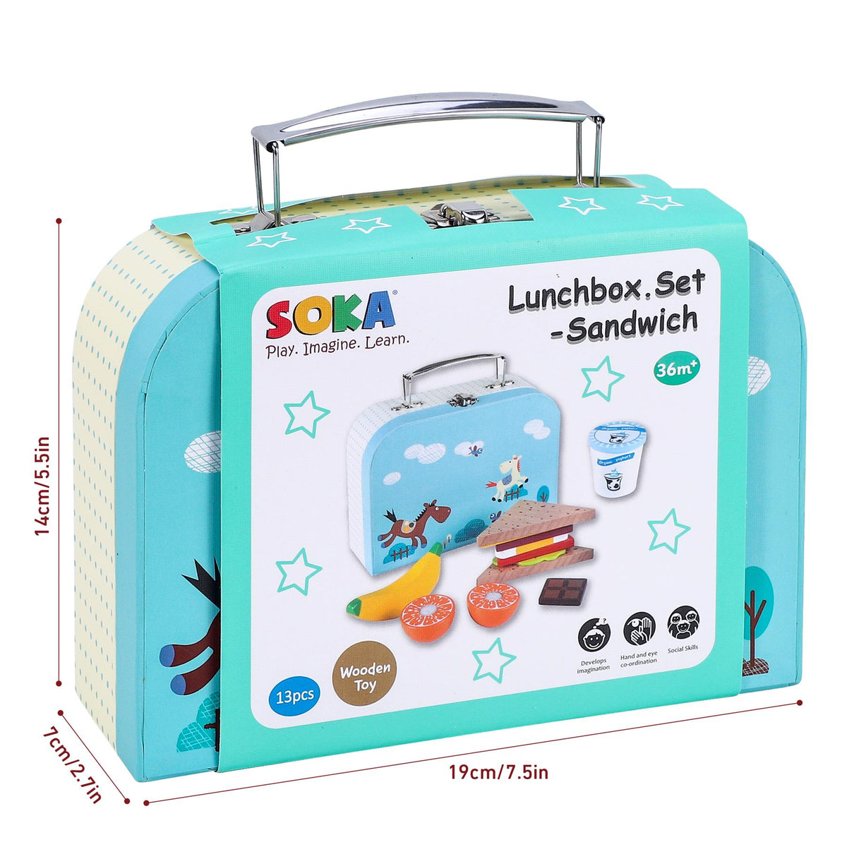 SOKA Wooden Sandwich Lunchbox Pretend Play Food Set for Kids – Toy Picnic Set with Fruit, Bread & Snacks