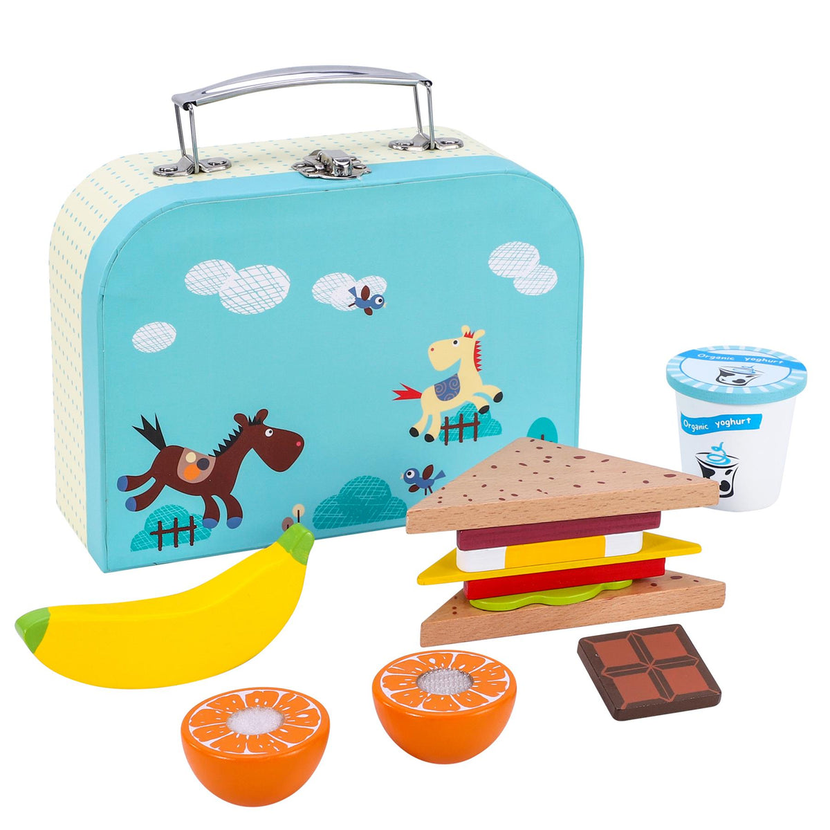SOKA Wooden Sandwich Lunchbox Pretend Play Food Set for Kids – Toy Picnic Set with Fruit, Bread & Snacks