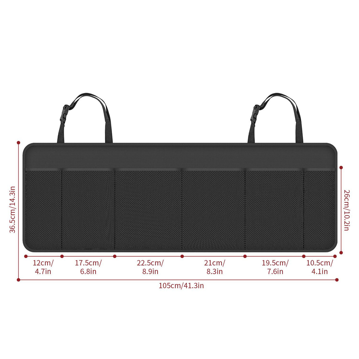 Vinsani Hanging Car Boot Organiser with 6 Mesh Pockets and Adjustable Straps – Foldable Storage, Black