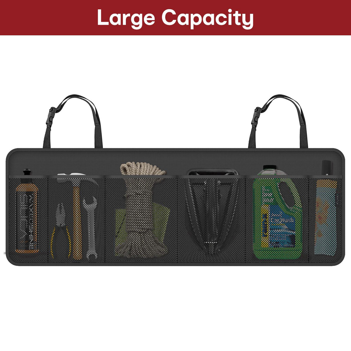 Vinsani Hanging Car Boot Organiser with 6 Mesh Pockets and Adjustable Straps – Foldable Storage, Black