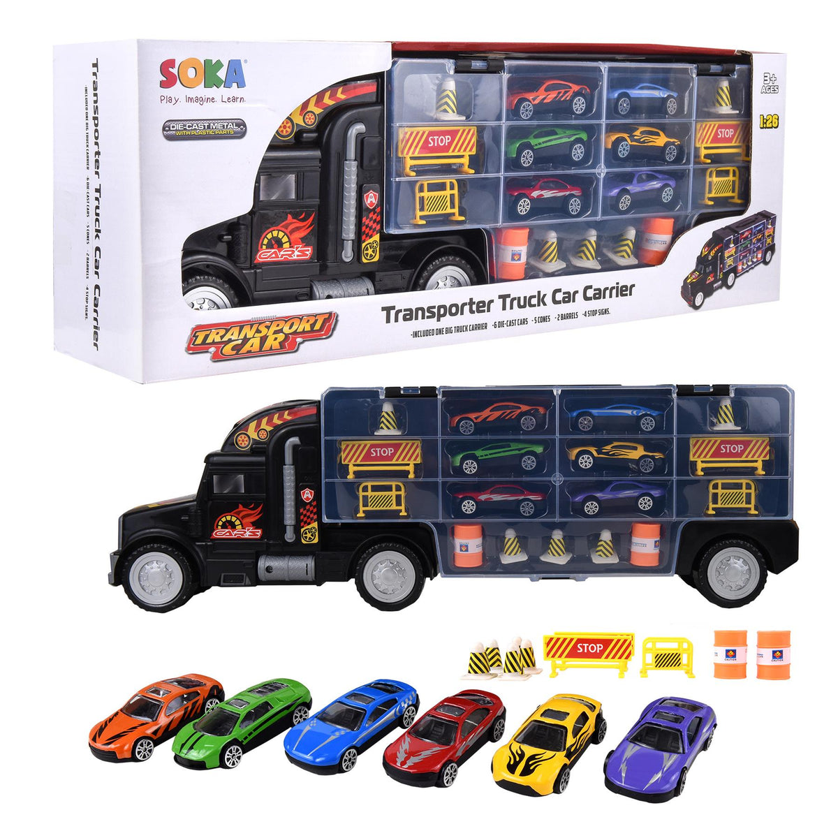 SOKA Transporter Truck Car Carrier Set with 6 Die-Cast Cars, Cones, Barrels & Signs – Toy Highway Playset